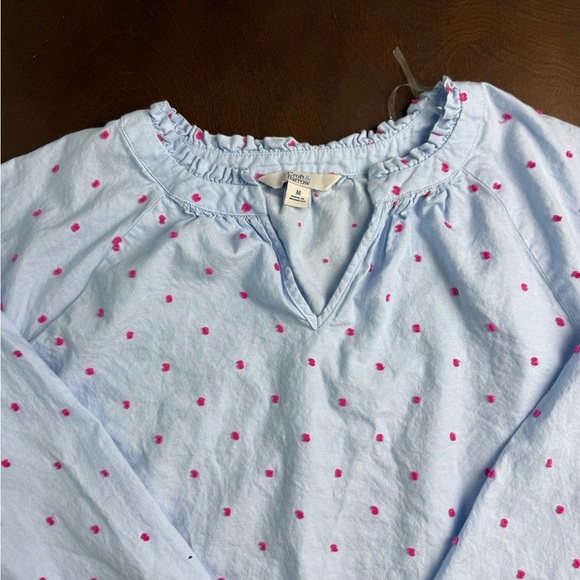 Croft & Barrow Sky Blue Blouse with Pink Polka Dots - Picture 2 of 4